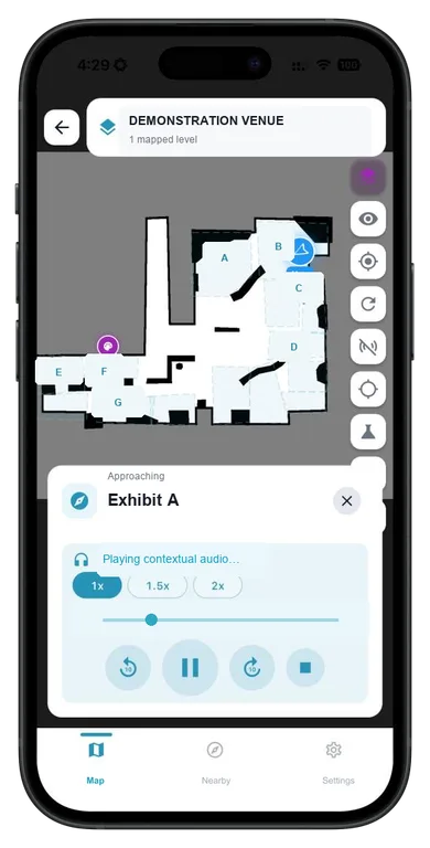 GUIDi Map indoor demonstration screen showing a mapped venue and contextual audio panel