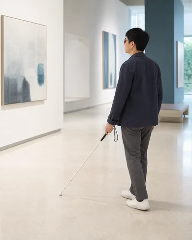 Visitor using a white cane in an art gallery